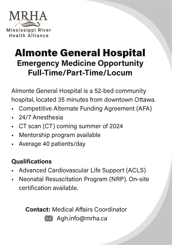 Display ad for Almonte GH advertising for EM Opportunity - email AGH.INFO@MRHA.ca