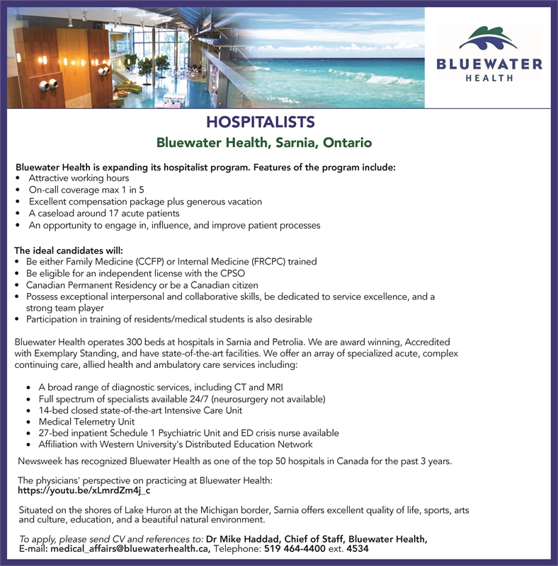 Display ad for Bluewater Health advertising for Hospitalist Openings in Sarnia Ontario