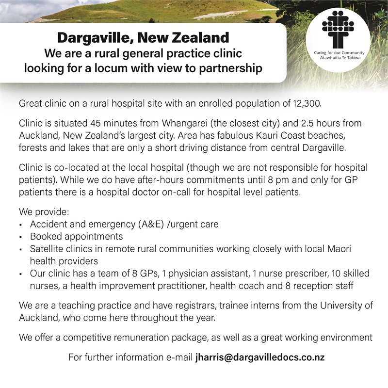Display ad for Dargaville Medical Clinic advertising for physician openings in New Zealand