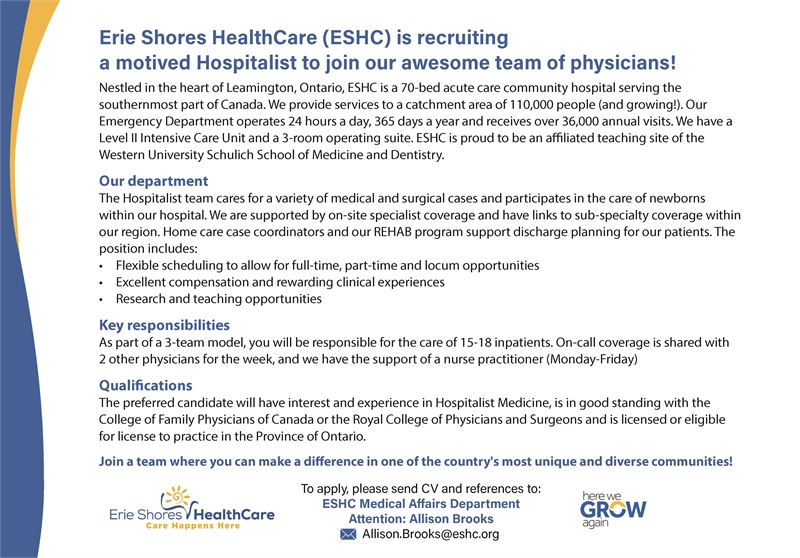 Display ad for Erie Shores HealthCare advertising for a Hospitalist. Email Allison Brooks at Allison.Brooks@eshc.org for more information