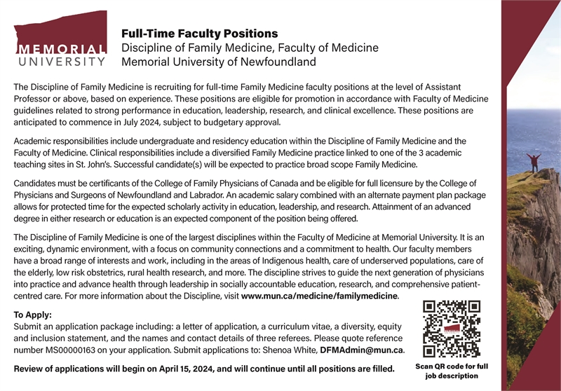 Full-Time Faculty Positions Discipline of Family Medicine, Memorial University of Newfoundland