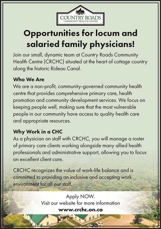 Display ad for  Country Roads Community Health Centre advertising for Locum and salaried family physician jobs