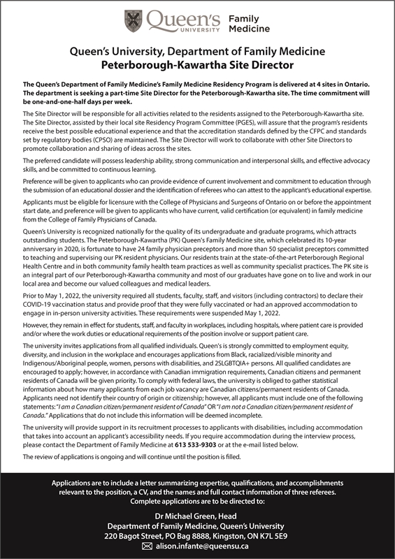 Queen's University, Dept. of Family Medicine is seeking a part-time Site director. 