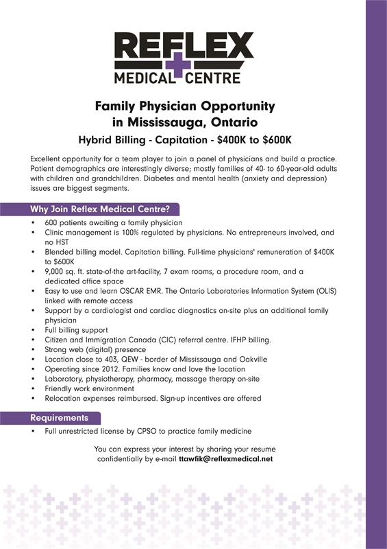 Display ad for Reflex Medical advertising for a physician job opening